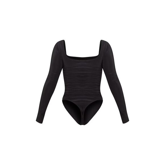 PrettyLittleThing Black Slinky Ruched Long Sleeve Square Neck Bodysuit - Picture 3 of 7